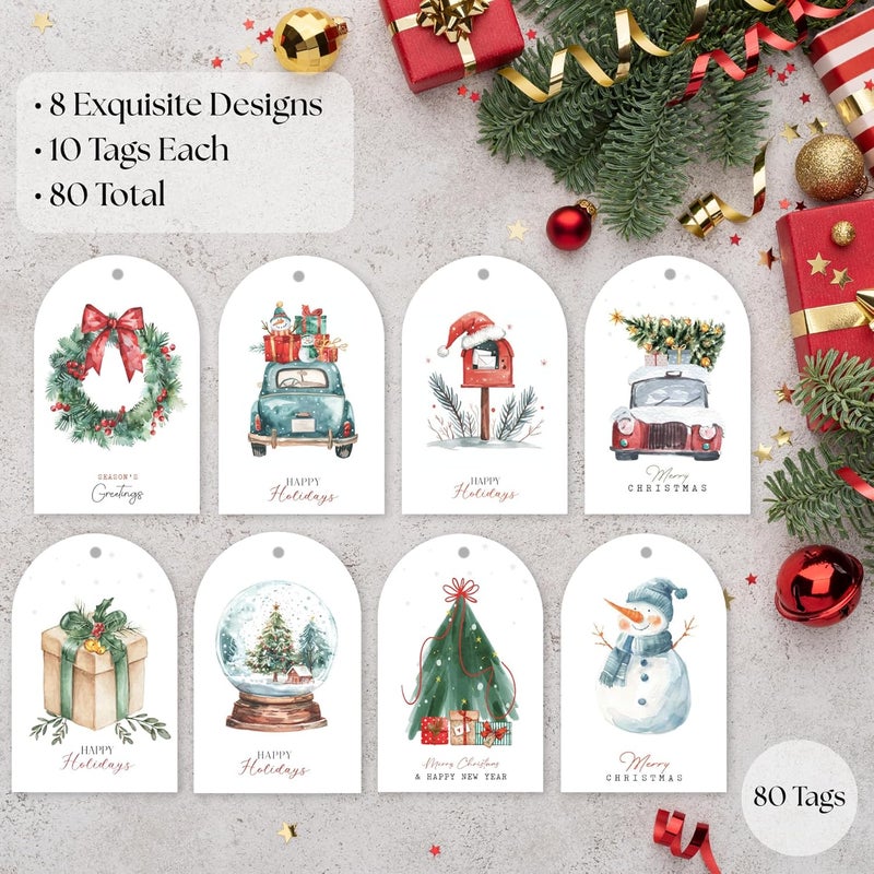 Paper Play Arc-Shaped Watercolor Christmas Gift Tags - 80 Holiday Tags with String, 8 Watercolor Arch Designs - 350 GSM Christmas Name Tags for Gifts - Image 5